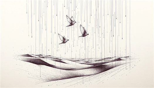 A sketch of doves flying through light rain in the desert