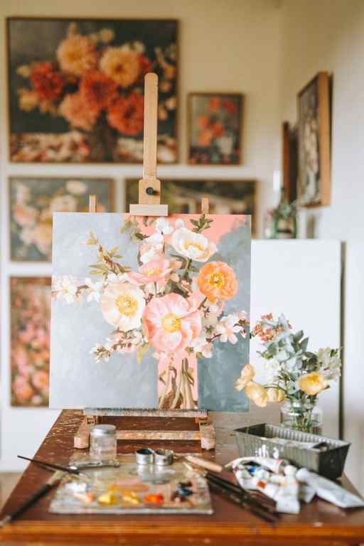 Flower oil painting on easel stand.