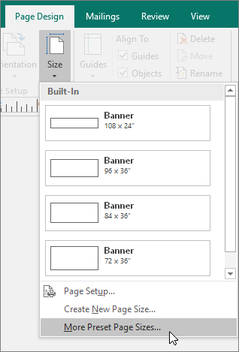 Screenshot of the More Preset Pages Sizes option on the Page Design tab in Publisher.