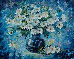 white daisy flowers painting, chamomile, bouquet, vase, Leonid Afremov HD wallpaper
