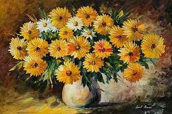 painting of sunflower bouquet, flowers, vase, Leonid Afremov HD wallpaper