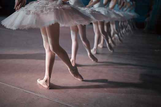 The legs of a row of dancers in white tutu synchronized dancing on stage