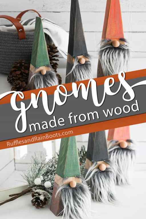 photo collage of easy tutorial for gnomes with text which reads gnomes made from wood