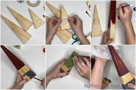 Horizontal photo collage tutorial of how to make wood block gnomes