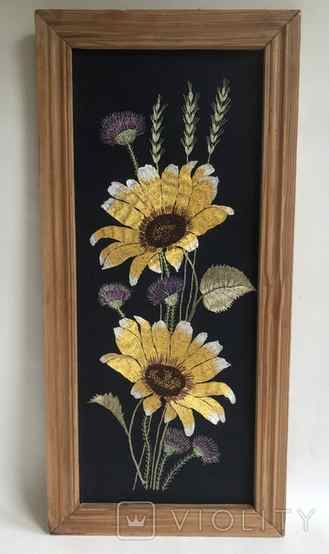 Painting Yellow Flowers. Embroidery, smooth surface. Frame wood., photo number 2
