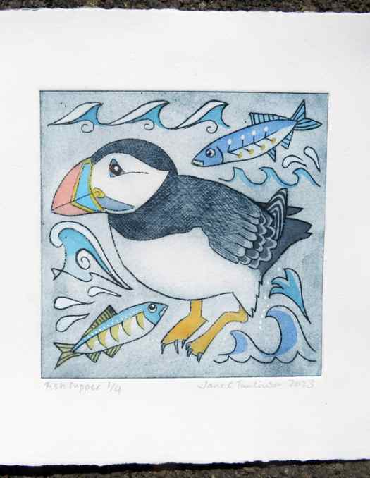 Fish supper - painting of a puffin