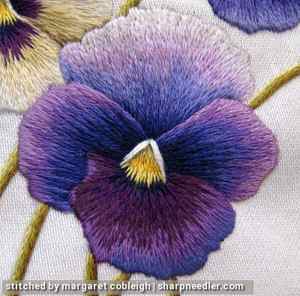 Example of low contrast embroidery on needlepainted pansy.
