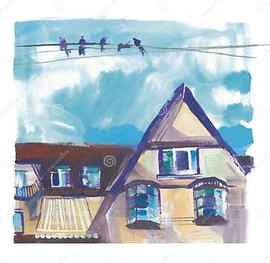 Colorful acrylic painting - roofs of houses, European street, art impressionism. background blue sky