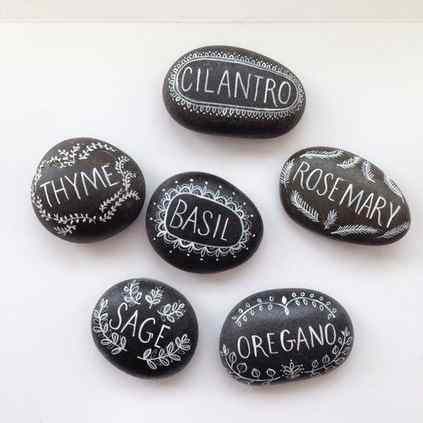 Black and white painted rocks ideas - herb garden markers