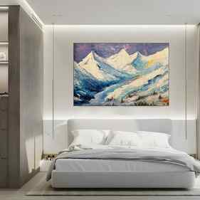 Original Snow Mountain Painting on Canvas, White Snow Skiing Art thumb