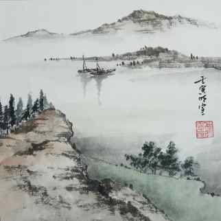 Painting Riverbank by Du Mingxuan | Painting Figurative Watercolor Landscapes