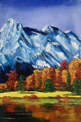 ''Autumn Vitality'' Snow Mountains Nature Landscape Oil on Canvas thumb