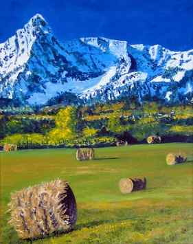 Bales of Hay and Snowy Mountains thumb