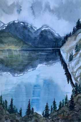 ''Sheer'' Snowy Mountain Cold Lake Water Reflection Landscape, Watercolor on Paper thumb