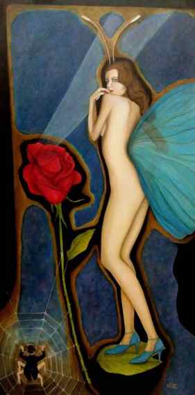 Blue Butterfly Girl on a Rose Pedal thumb
