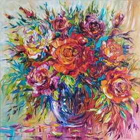 Red Roses in a Blue Crystal Vase Oil on Canvas thumb