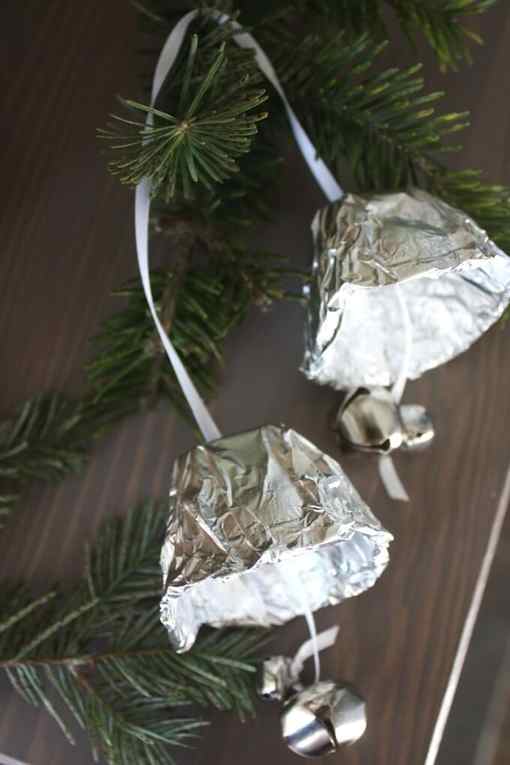 Tin foil bell ornament kid made Christmas ornament