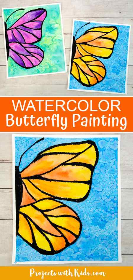 Watercolor buterfly painting for kids to make using watercolor and black oil pastel resist.