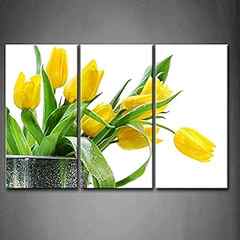 First Wall Art - 3 Panel Wall Art Green Spring Flowers Yellow Tulip Painting Pictures Print On Canvas Flower The Picture f. 