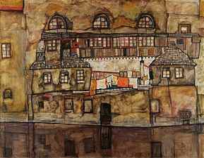Wall of houses on the river - Painting by Egon Schiele (1890-1918), oil on canvas