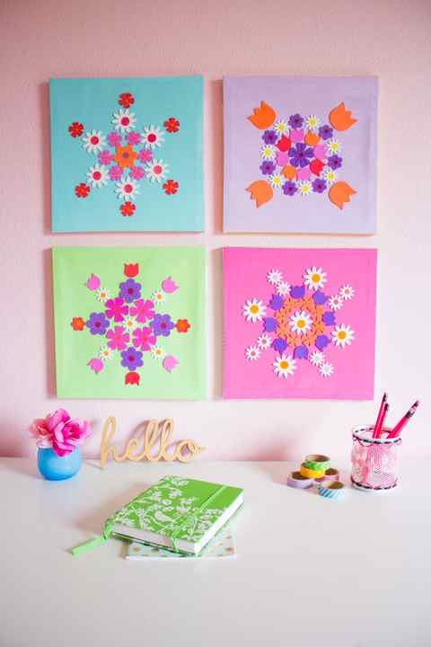 DIY colorful canvas wall art with floral stickers (via www.designimprovised.com)