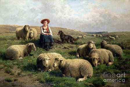 Wall Art - Painting - Shepherdess with Sheep in a Landscape by C Leemputten and T Gerard