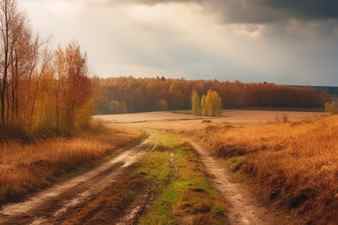 Autumn landscape with dirt road in the field trees and cloudy sky