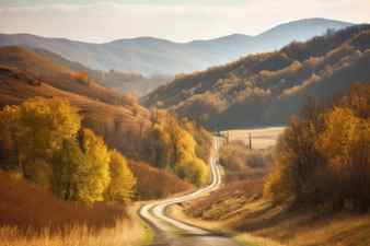 Scenic road trip through the rolling hills of autumn created with generative ai