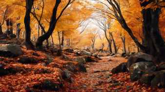 An image of an autumn forest with leaves on the ground
