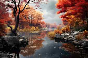 A tranquil pond reflecting autumn colored trees created with generative ai