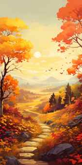 A picturesque anime inspired landscape featuring a tree covered path adorned with vibrant autumn leaves the slanted sun casts a warm glow on the red autumn trees creating a stunning contrast against the mountainous vistas this nature inspired imagery showcases golden hues and brushstroke fields evoking a sense of romantic riverscapes experience the beauty of this scene with rtx on ai generated