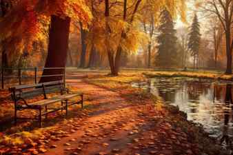 Empty bench in autumn park fall landscape vibrant color trees ai generated Stock Photo