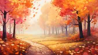 An autumn scene featuring vibrant cartoonish trees walking along a path adorned with leaves this lively illustration created in the style of speedpainting showcases a beautiful combination of light orange and maroon hues with the rtx on the colors and details of this artwork truly come to life ai generated Stock Photo