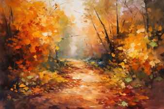 Autumn forest road with fallen leaves digital watercolor painting