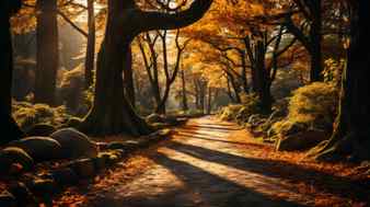 A path through a forest with orange leaves generative ai Stock Photo