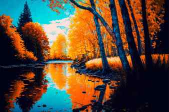 Oil painting landscape autumn forest majestic landscape background