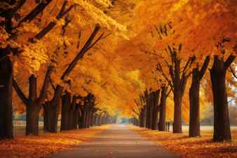 Autumn road in the park with colorful trees and yellow leaves