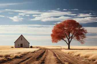 Minimalism large two story barn in field with trees generative ai Stock Photo