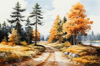 Autumn landscape with pine trees road and lake digital painting Stock Photo
