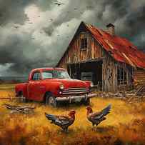 Old Barn and Red Truck by Lourry Legarde