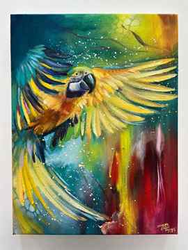 MACAW FLYING OIL PAINTING ON CANVAS USING ARTYSHILS ART BRUSHES