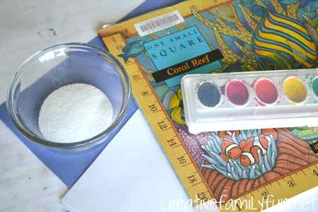 materials needed for kids to create a salt and water colour image inspired by the book one small square.