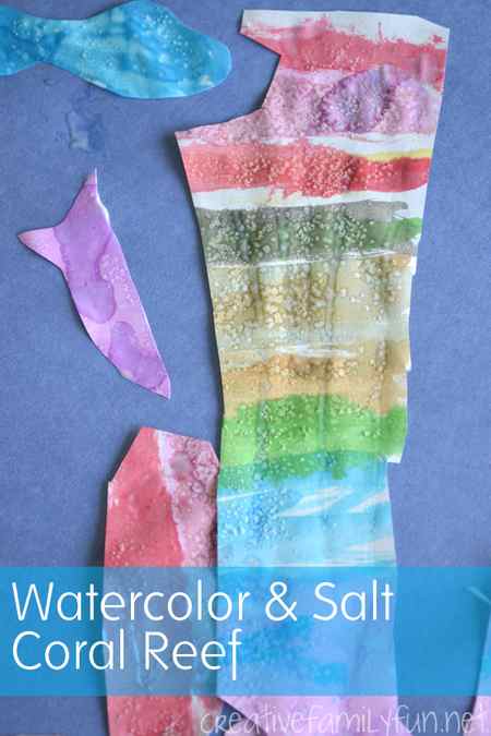 Pinterest Image for a water colour and salt coral reef that kids can create for a summer art project