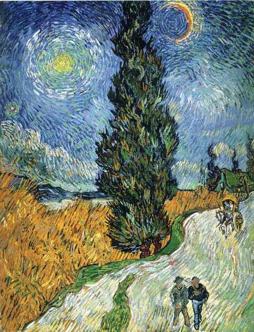 Vincent van Gogh, Road with Cypress and Star (1890), oil on canvas, 92 x 73 cm, Kröller-Müller Museum, Otterlo. WikiArt.