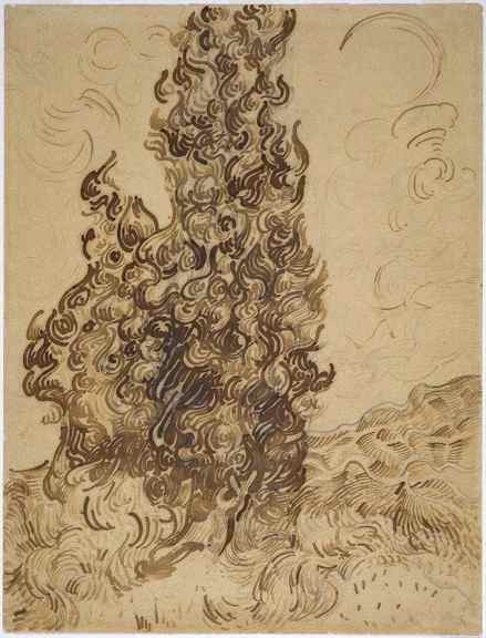 Vincent van Gogh (1853–1890), Cypresses (1889), Reed pen, graphite, quill, and brown and black ink on wove Latune et Cie Balcons paper, 61.9 × 47.3 cm, Brooklyn Museum, New York, NY. Photo courtesy of Brooklyn Museum, via Wikimedia Commons.