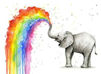 Wall Art - Painting - Baby Elephant Spraying Rainbow by Olga Shvartsur