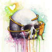 Adventure Time Jake Hugging Skull Watercolor Art by Olga Shvartsur