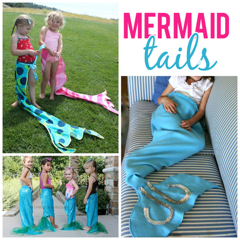 Mermaid tails you can make from towels, glittery fabric and fleece all pictured in a collage
