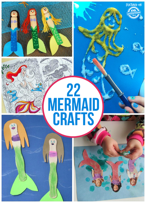 22 mermaid crafts (text) finished mermaid crafts like mermaid peg dolls, mermaid art, mermaid coloring pages and mermaids made with popsicle sticks