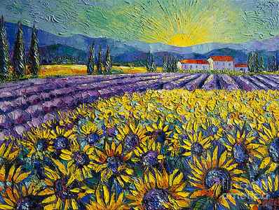 Wall Art - Painting - SUNFLOWERS AND LAVENDER FIELD - THE COLORS OF PROVENCE Modern Impressionist Palette Knife Painting by Mona Edulesco